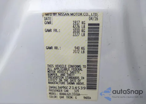 2016 Nissan Altima 2.5 from USA, damaged, VIN 1N4AL3AP9GC214539
